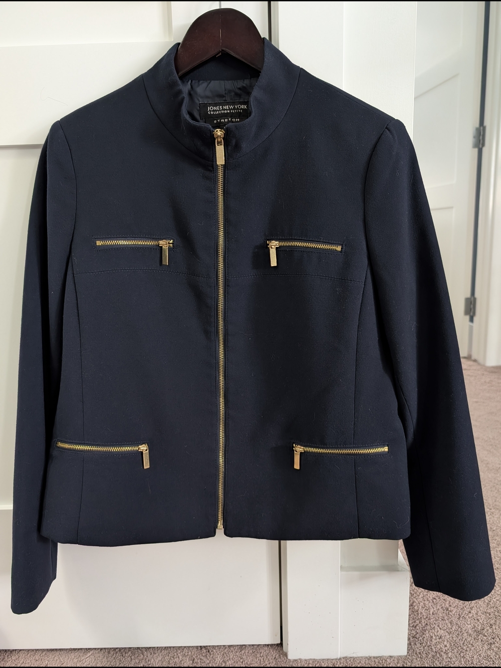Jones New York Navy Zip-Front Jacket with Gold Zippers